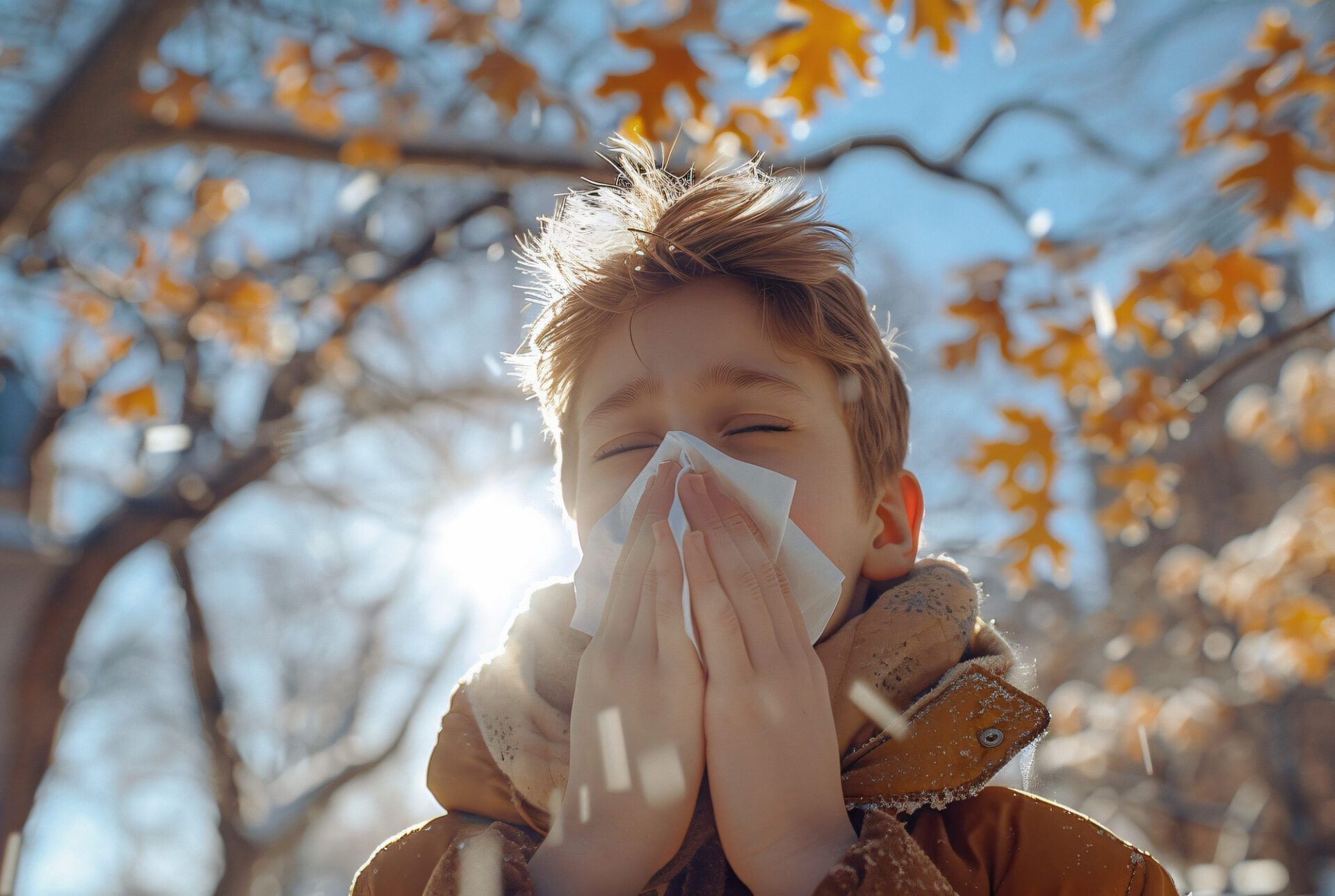 Child in a yellow coat under a tree with autumn leaves, sunlight shining through branches.